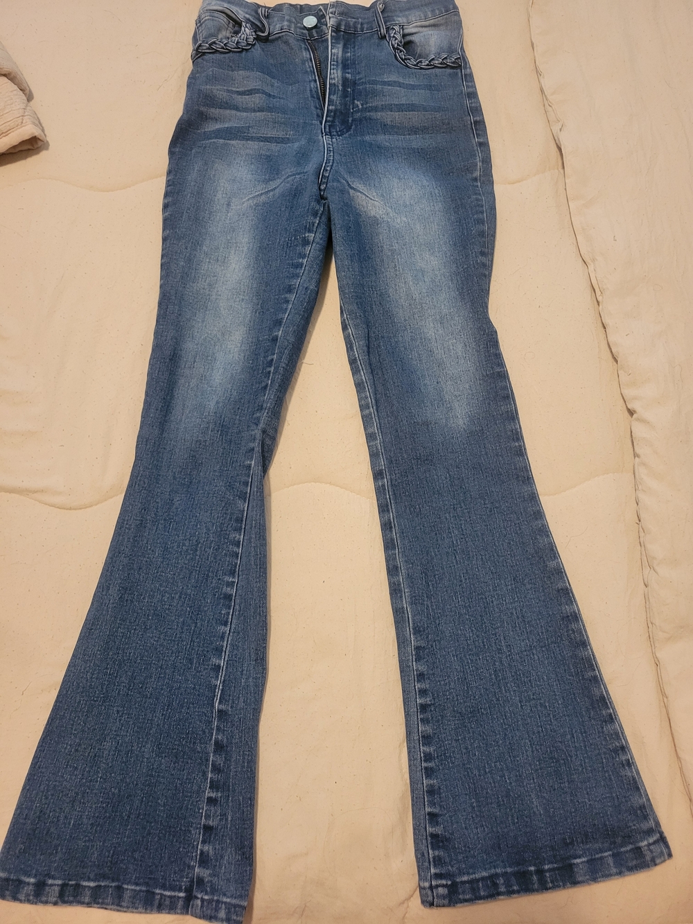 High-Rise Blue Flare Jeans with Braided Waist Trim